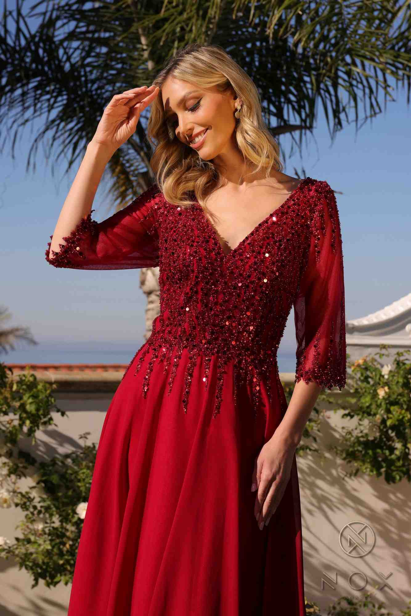 Burgundy sequin V-neck gown with 3/4 sleeves, gathered A-line skirt