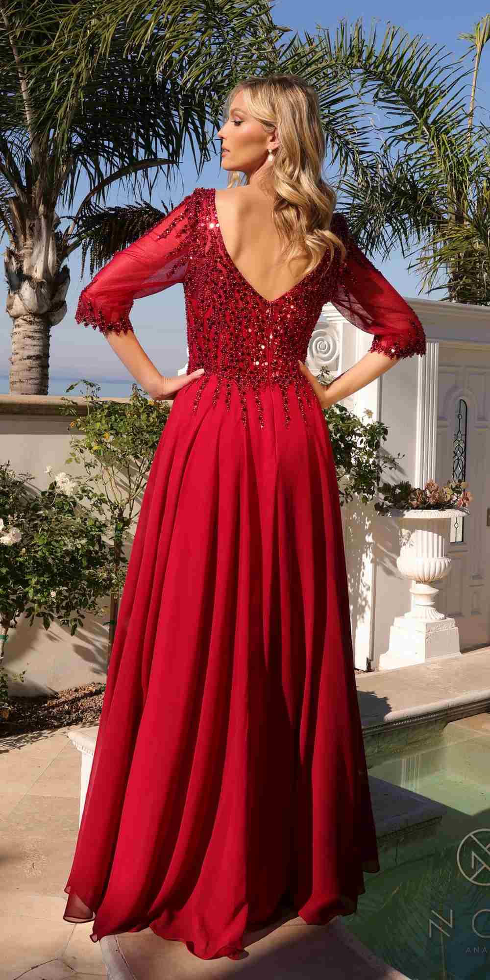 Burgundy sequin A-line gown with V-neck bodice and 3/4 sleeves