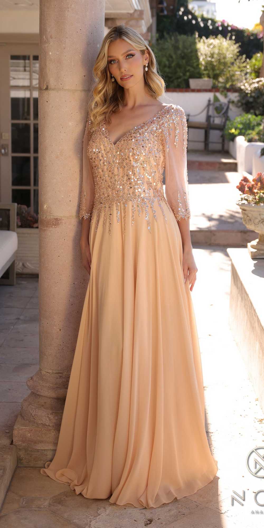 Long A-line sequin V-neck gown with 3/4 sleeves, pale blush