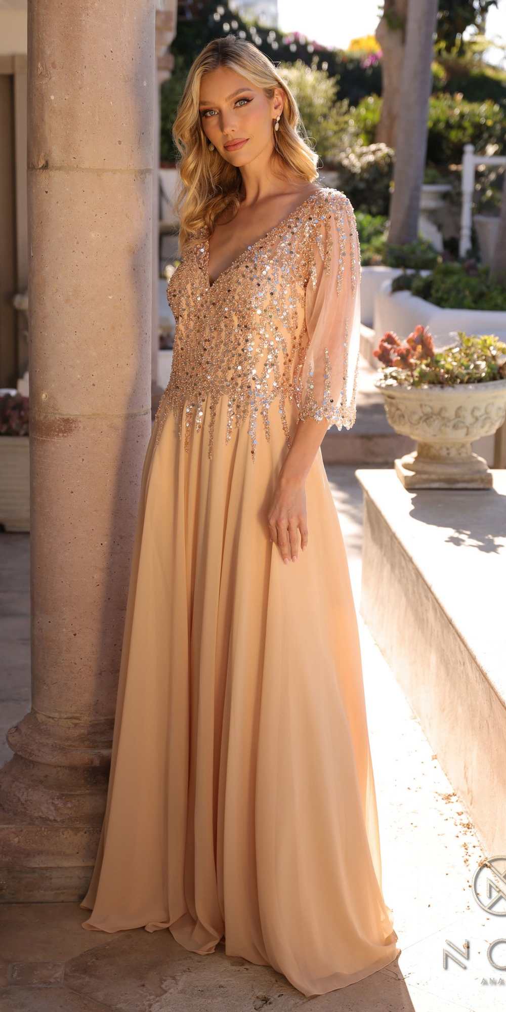 Long A-line sequin V-neck gown with 3/4 sleeves, pale blush