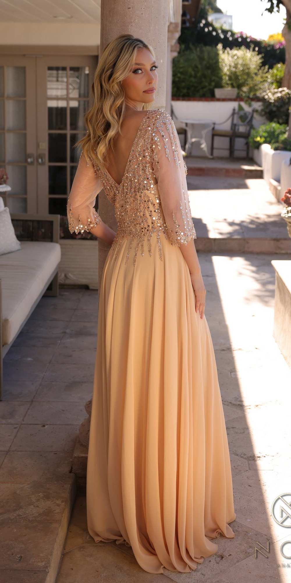 Long A-line sequin V-neck gown with 3/4 sleeves, pale blush