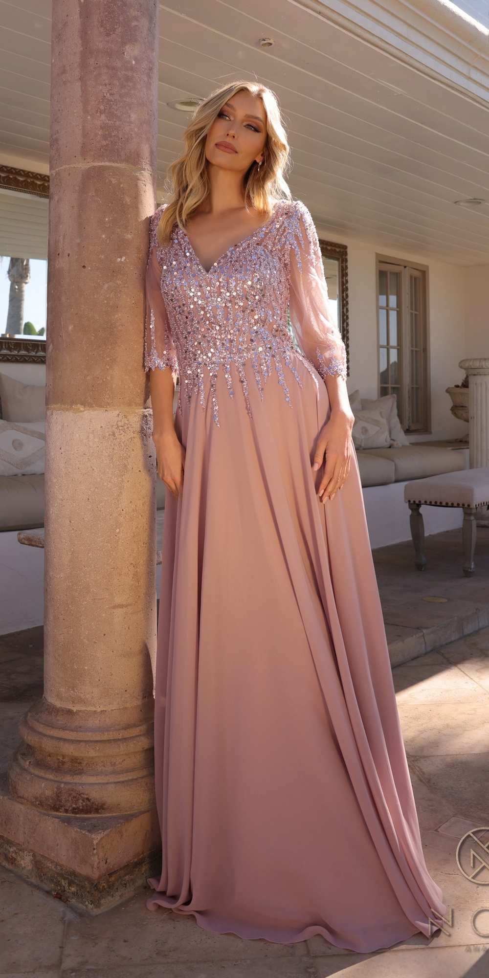 Mauve sequin V-neck A-line gown with 3/4 sleeves and pleated long skirt