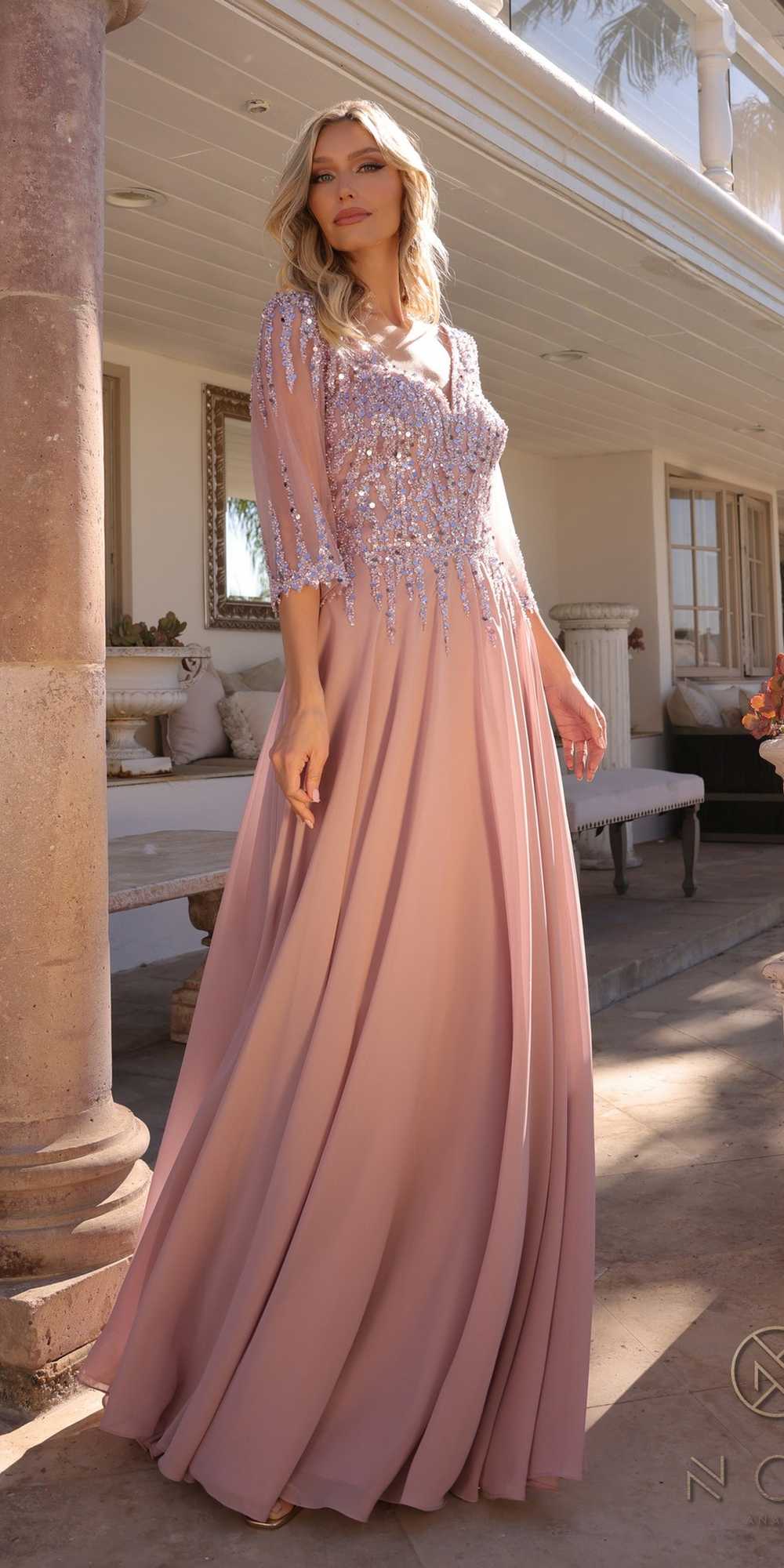 Light mauve sequin bodice A-line gown with V-neck and 3/4 sleeves