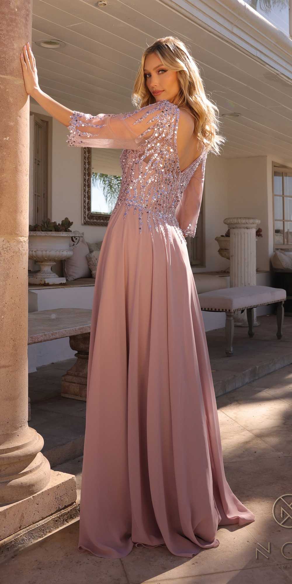Pale mauve sequin V-neck A-line gown with 3/4 sleeves and flowing skirt