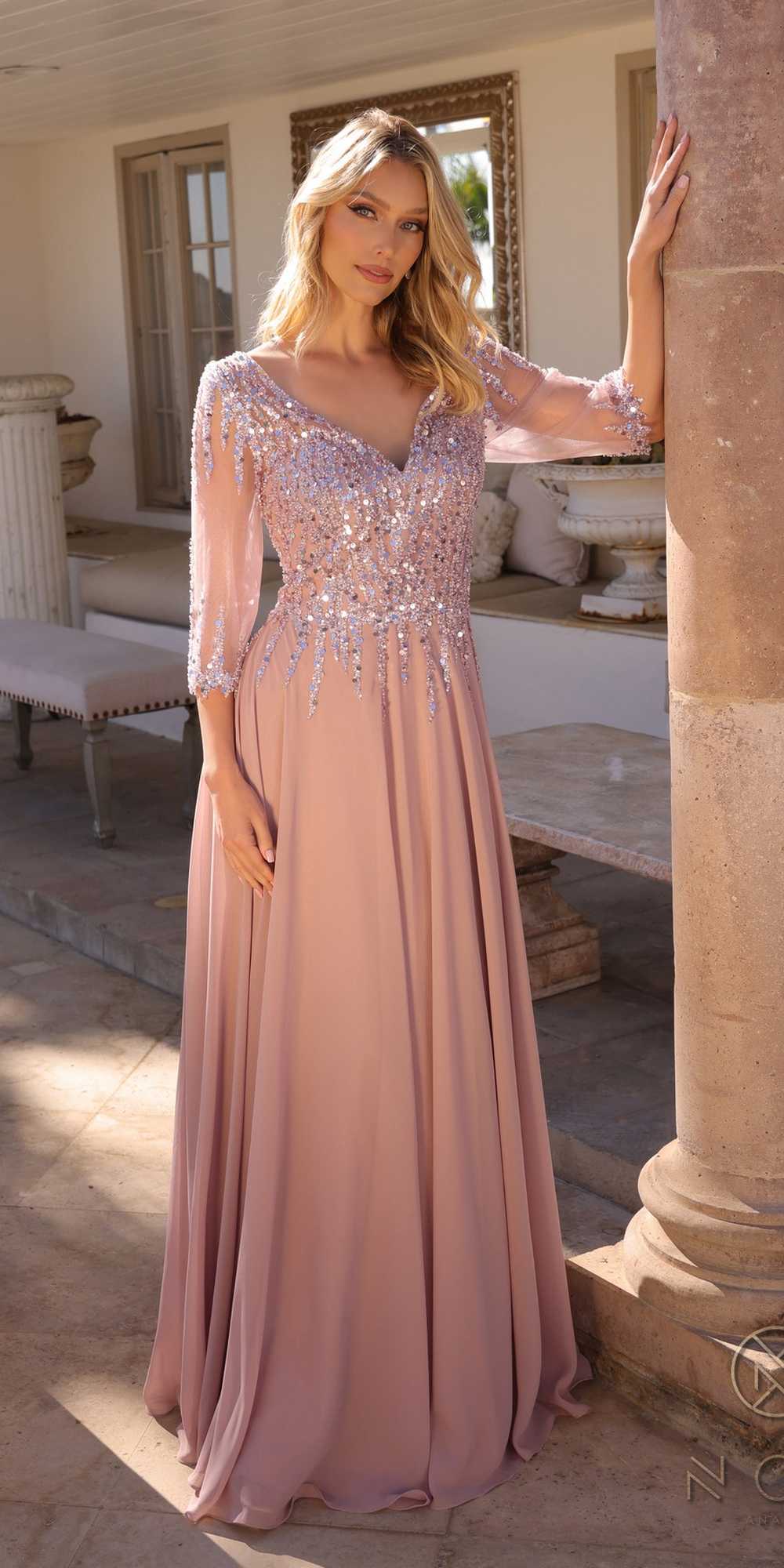 Mauve sequin V-neck A-line gown with long pleated skirt and 3/4 sleeves