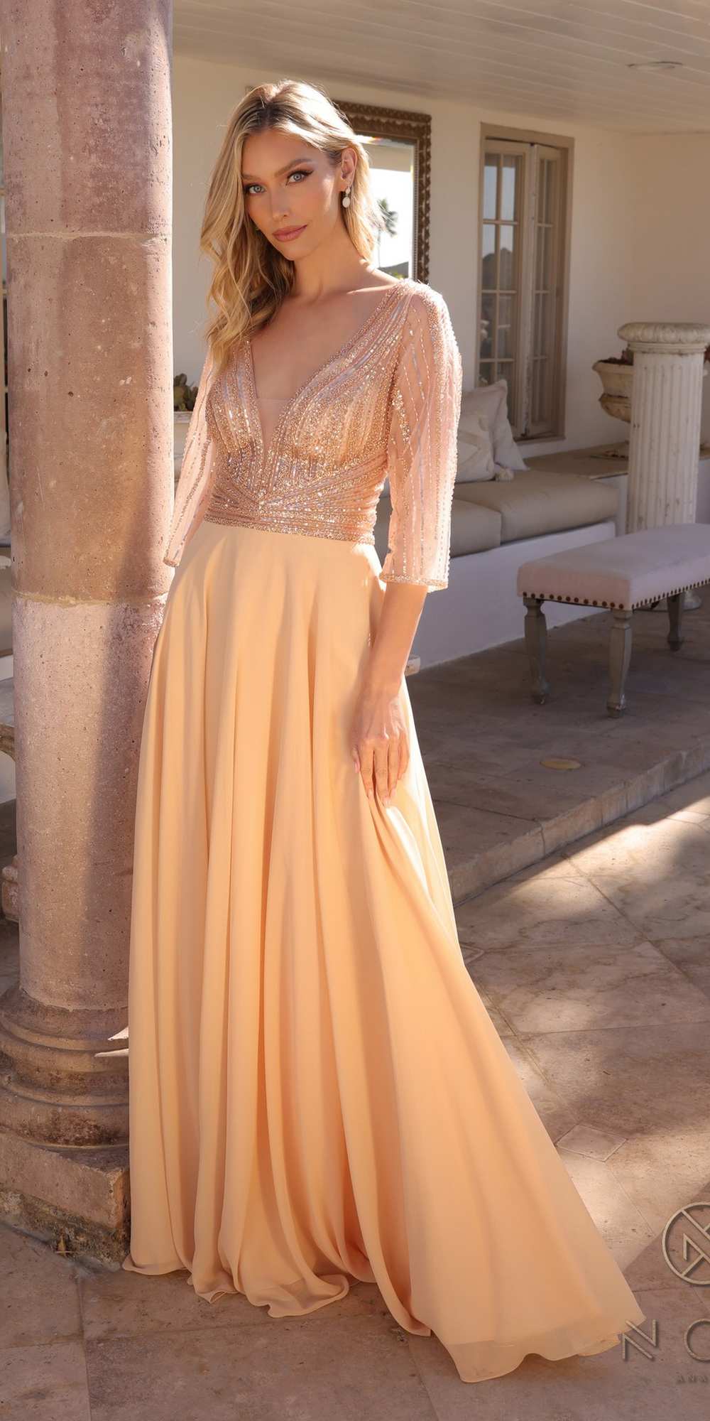 Embellished long V-neck A-line gown, champagne with long fitted bodice