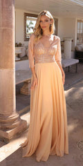Embellished long V-neck A-line gown, champagne with 3/4 sleeves