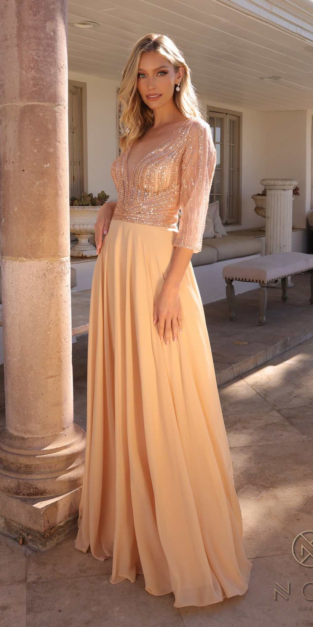 Embellished long V-neck A-line gown, champagne with 3/4 sleeve detail