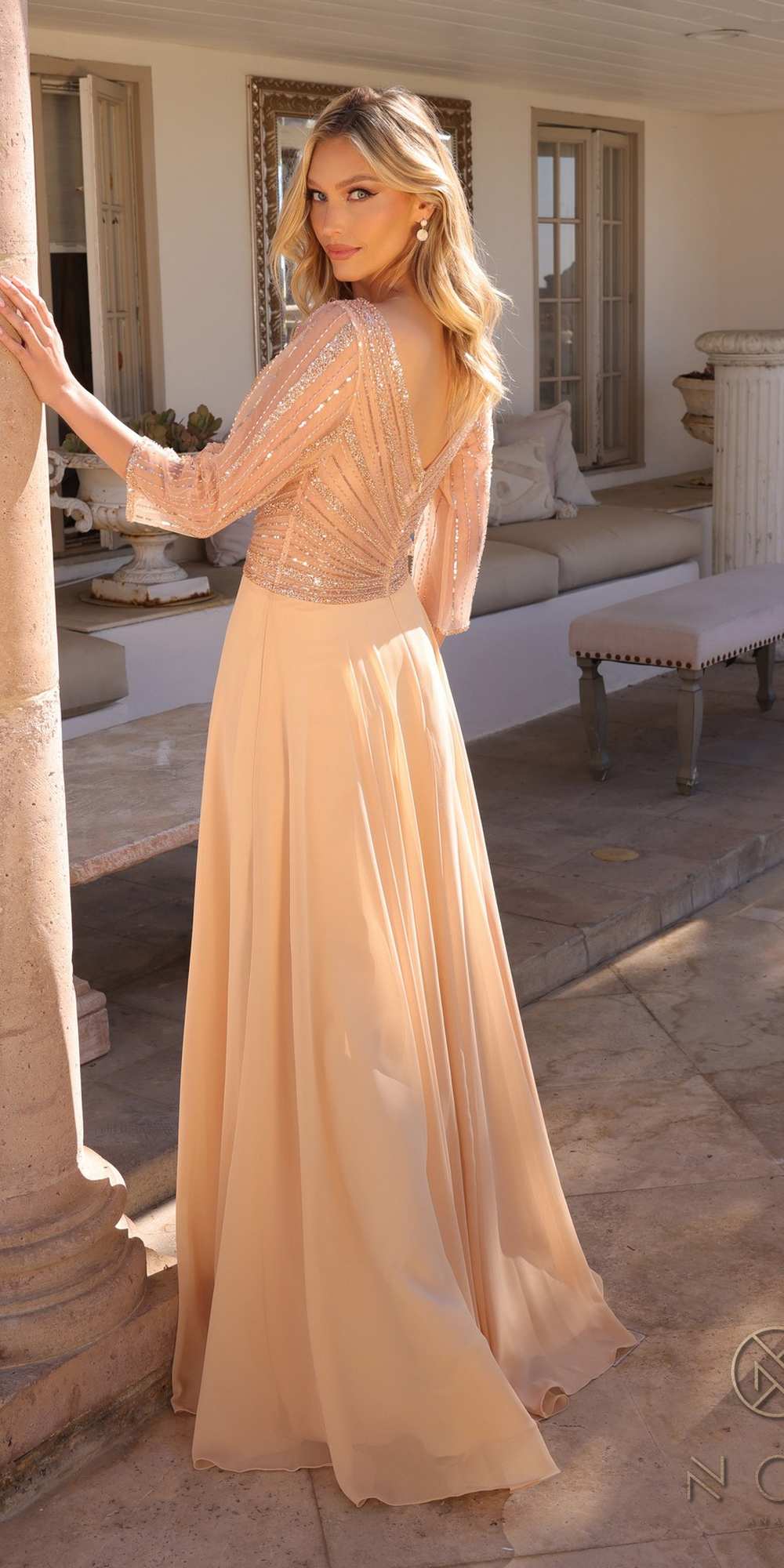 Embellished long V-neck A-line gown, champagne with sheer 3/4 sleeves