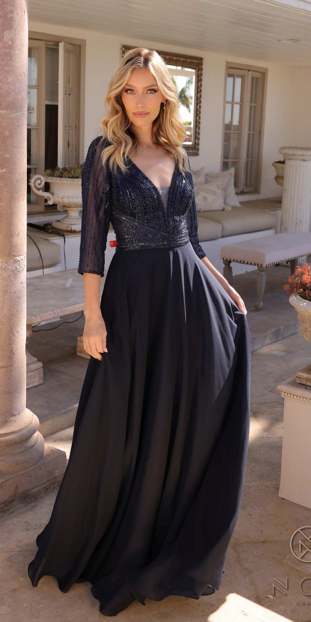 Embellished long V-neck A-line gown, dark navy with fitted embellished bodice