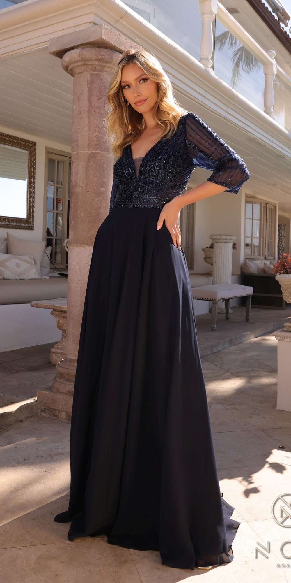 Embellished long V-neck A-line gown, dark navy with 3/4 sleeves