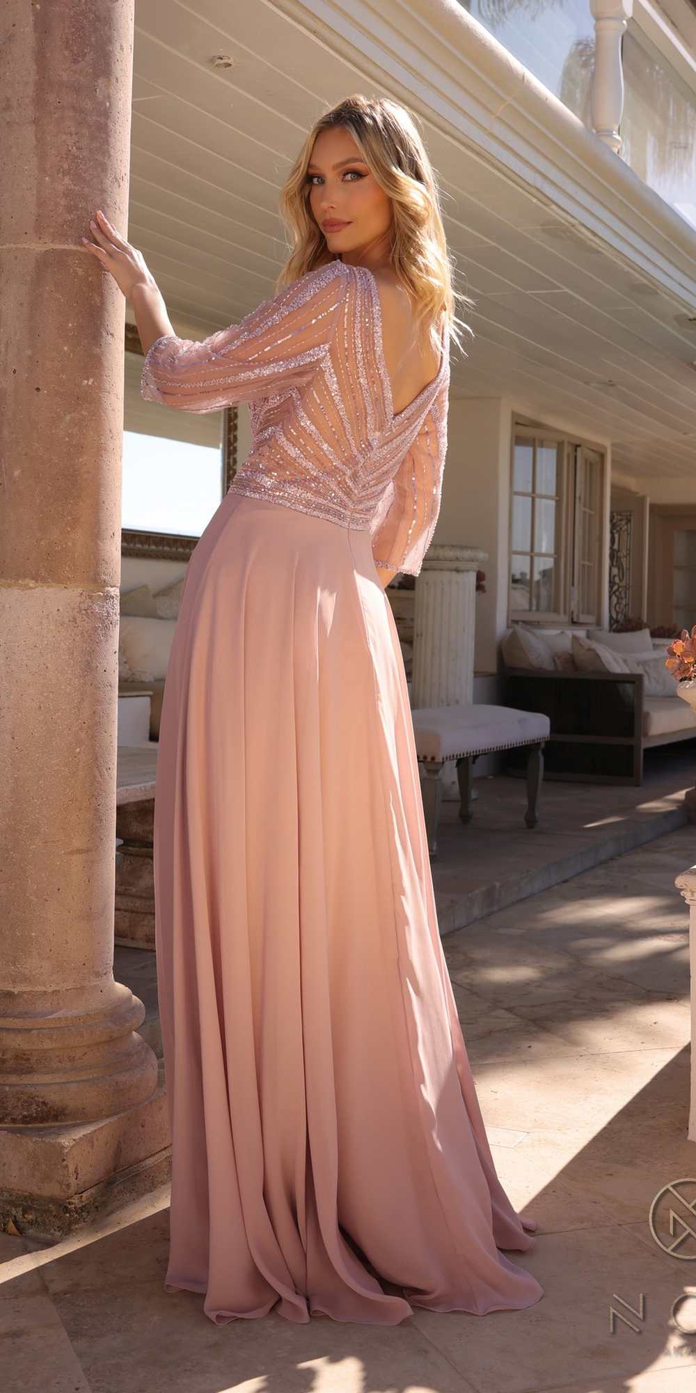 Pale mauve embellished bodice A-line gown with V-neck and 3/4 sleeves