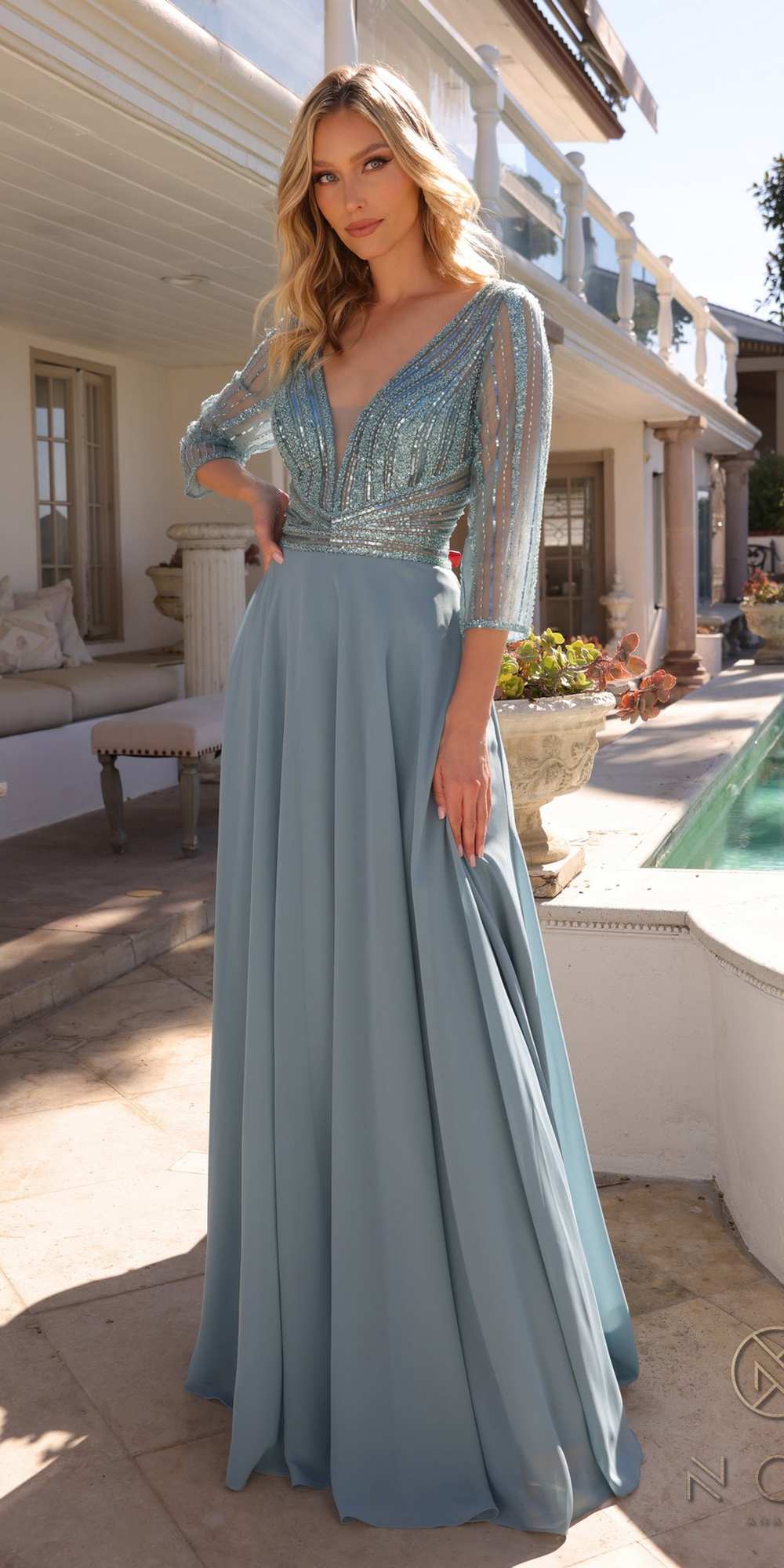 Sea blue A-line maxi gown with beaded V-neck bodice and 3/4 sleeves