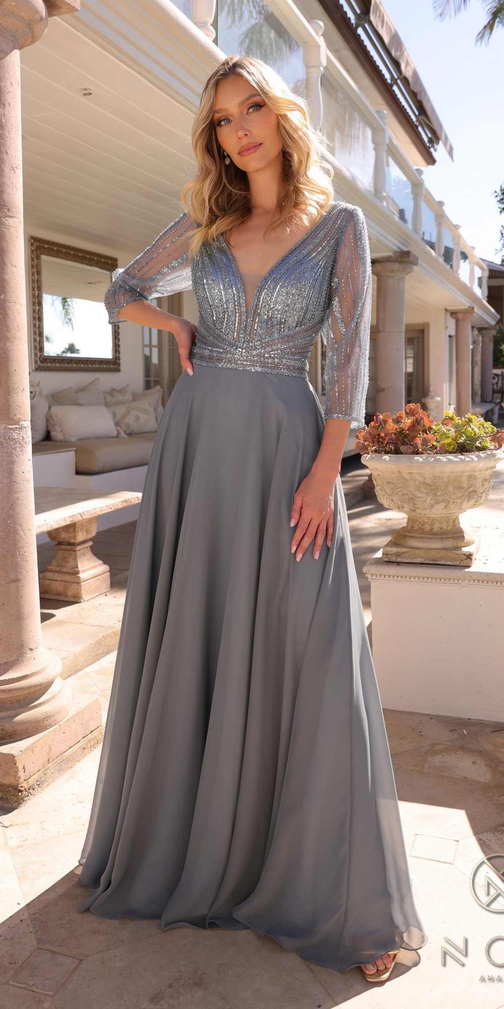 Embellished long V-neck A-line gown, smoky blue with 3/4 sleeves