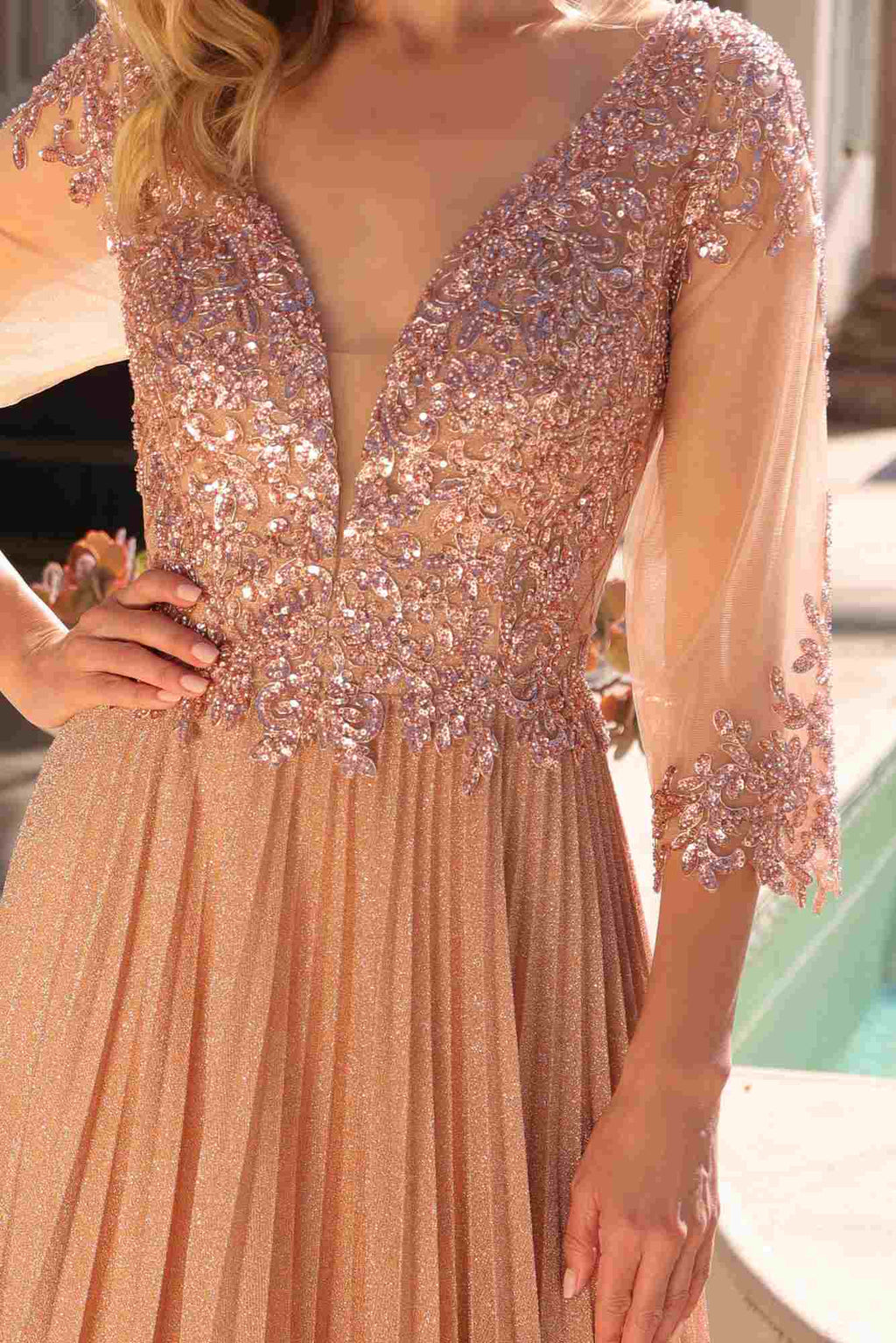 Rose-gold sequin V-neck applique gown with pleated bodice and 3/4 sleeves