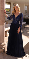 Navy glitter applique V-neck A-line gown with 3/4 pleated sleeves