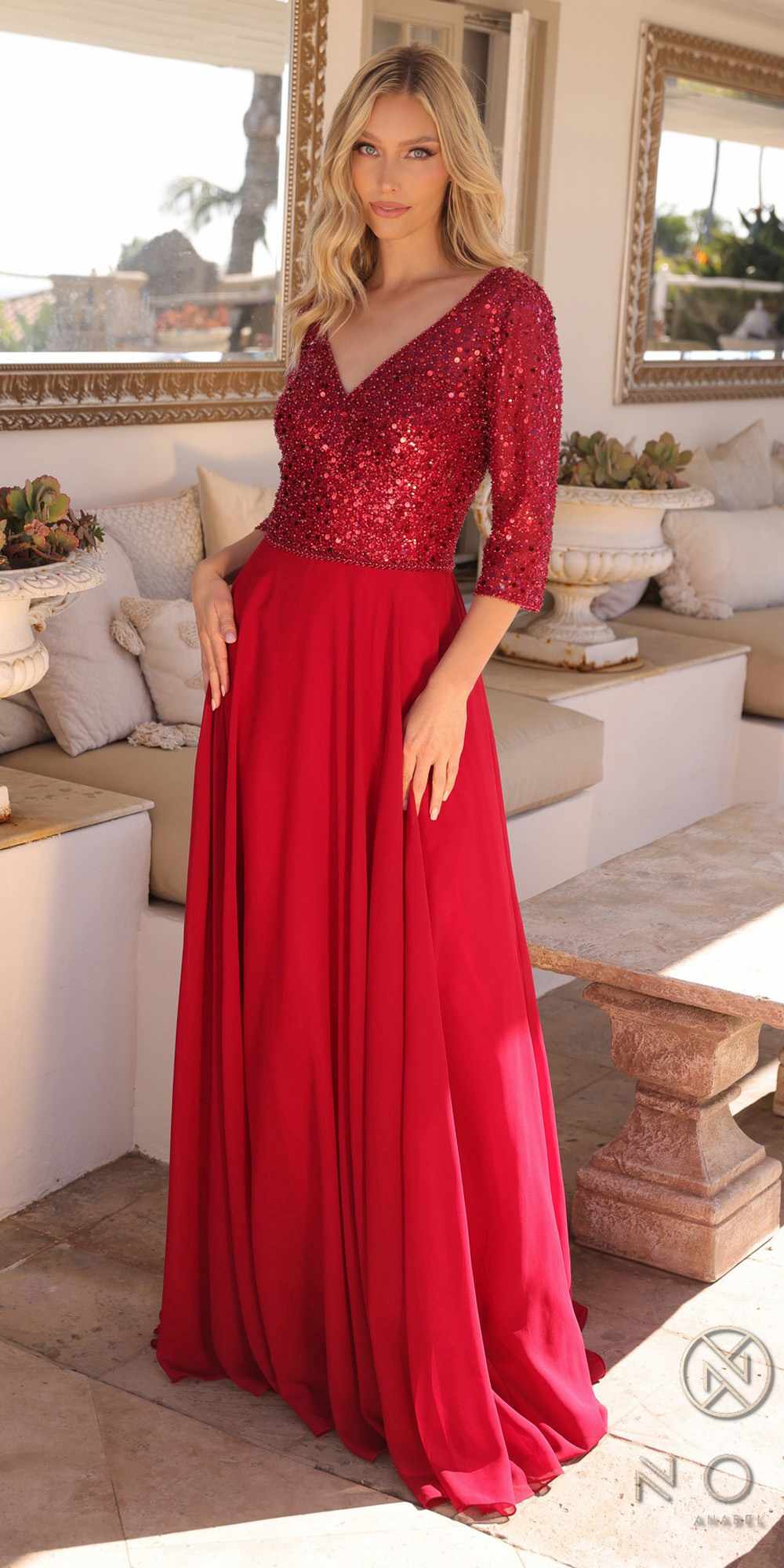 Sequin bodice A-line gown with V-neck, 3/4 sleeves, deep red full-length skirt