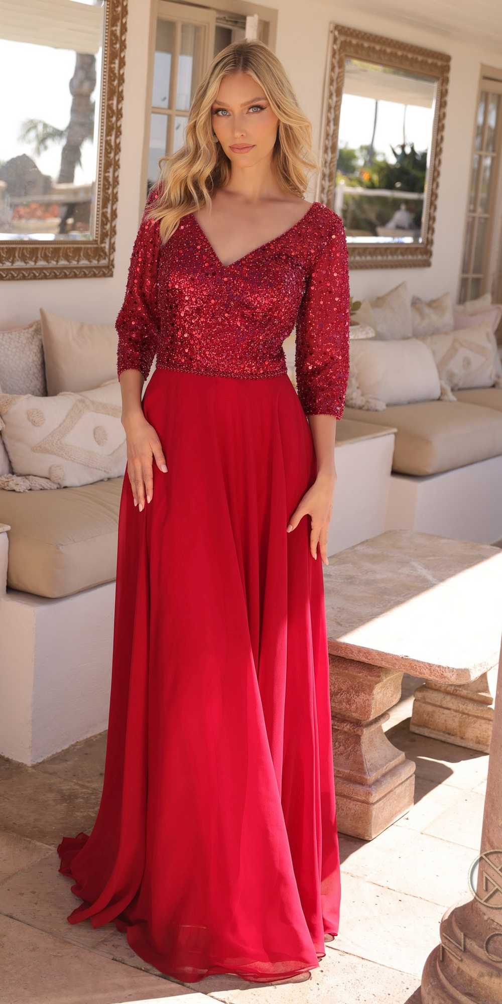 Sequin bodice A-line gown with V-neck, 3/4 sleeves, deep red skirt