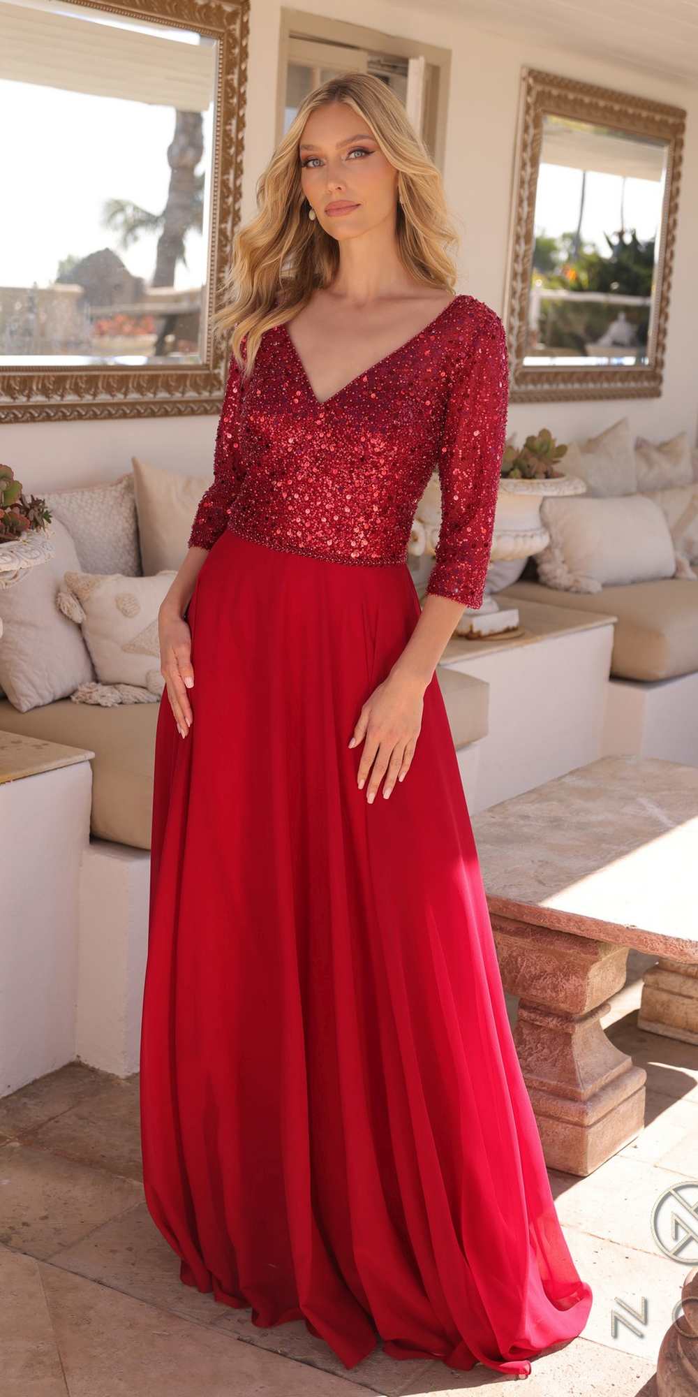 Sequin bodice A-line gown with V-neck, 3/4 sleeves, deep red A-line skirt