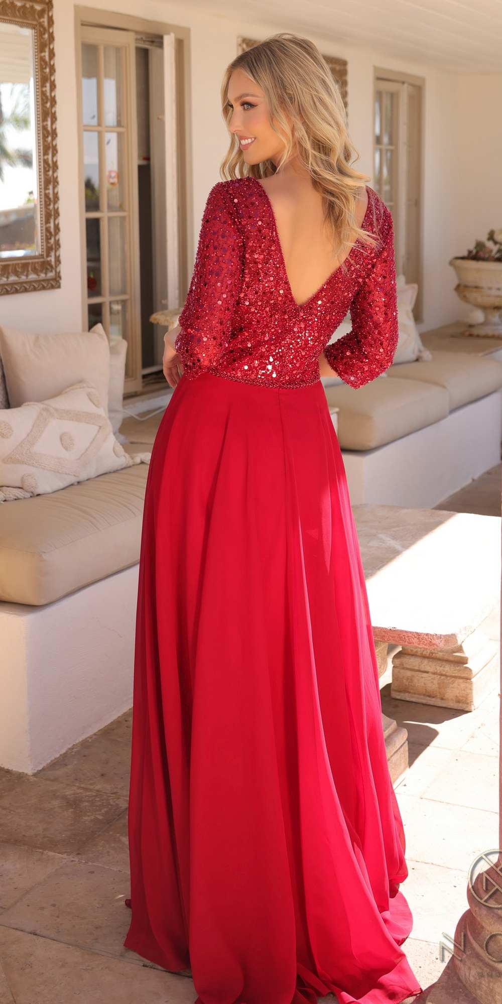 Sequin bodice A-line gown with V-neck, 3/4 sleeves, deep red sequins and skirt