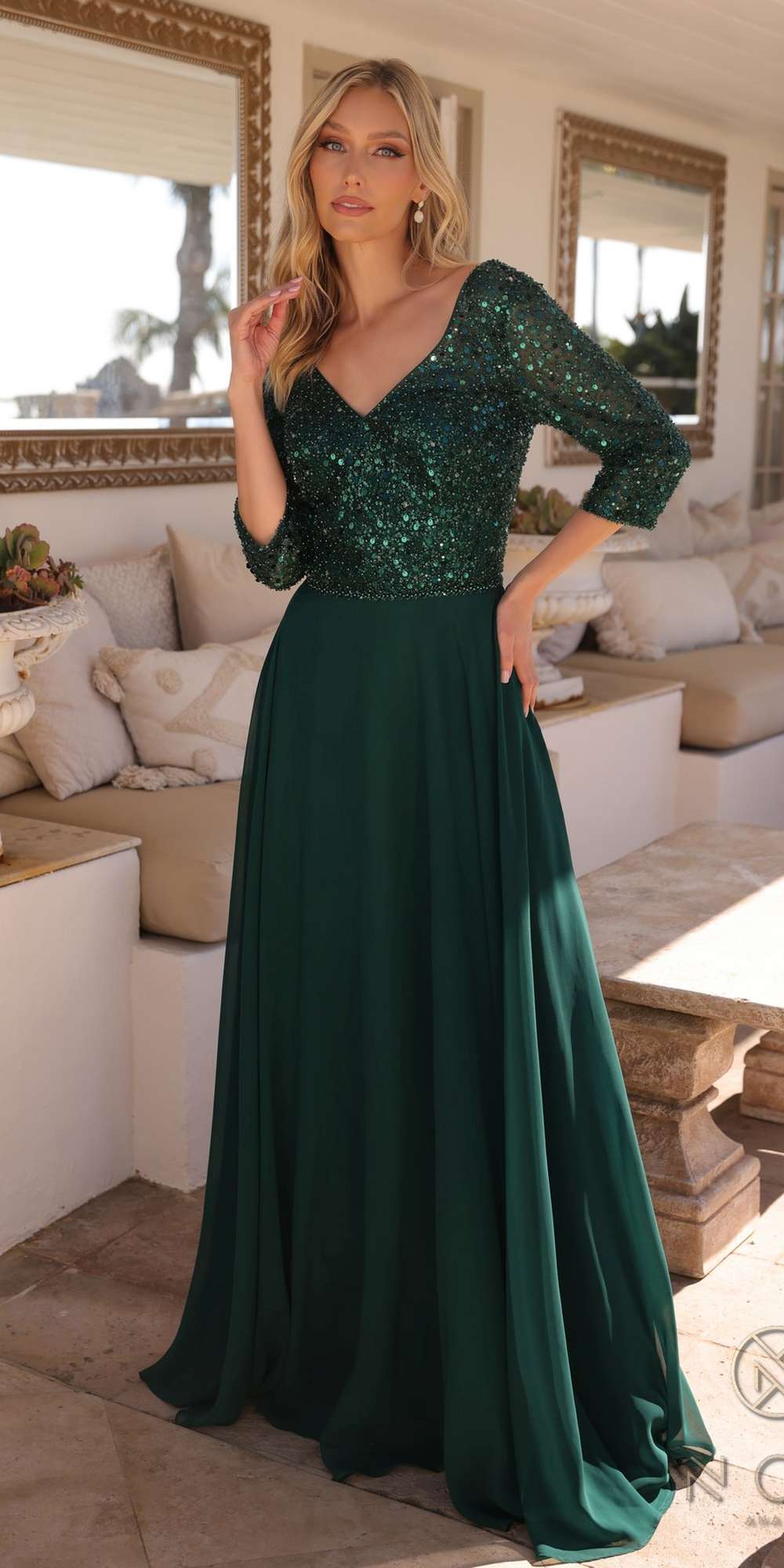 Green sequin bodice A-line gown with 3/4 sleeves and V-neck