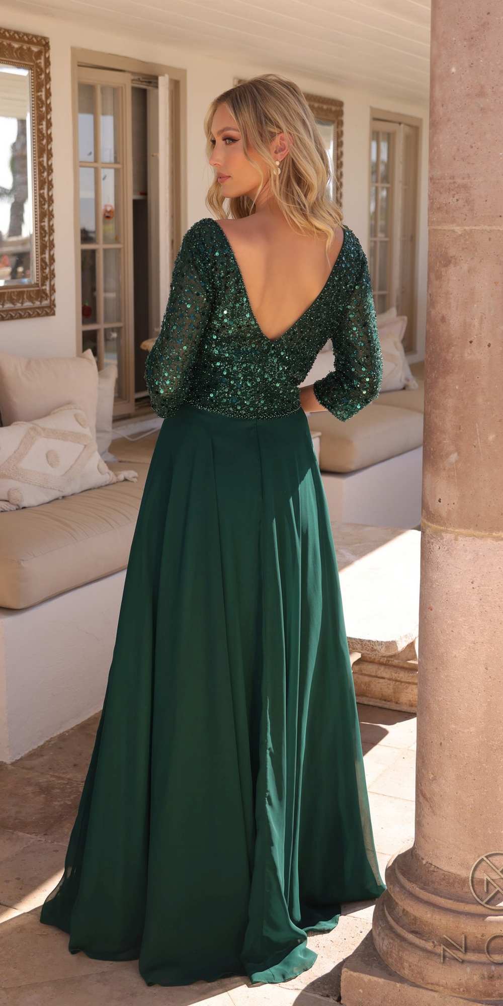 Sequin bodice A-line gown with V-back, 3/4 sleeves, emerald-green flowing skirt