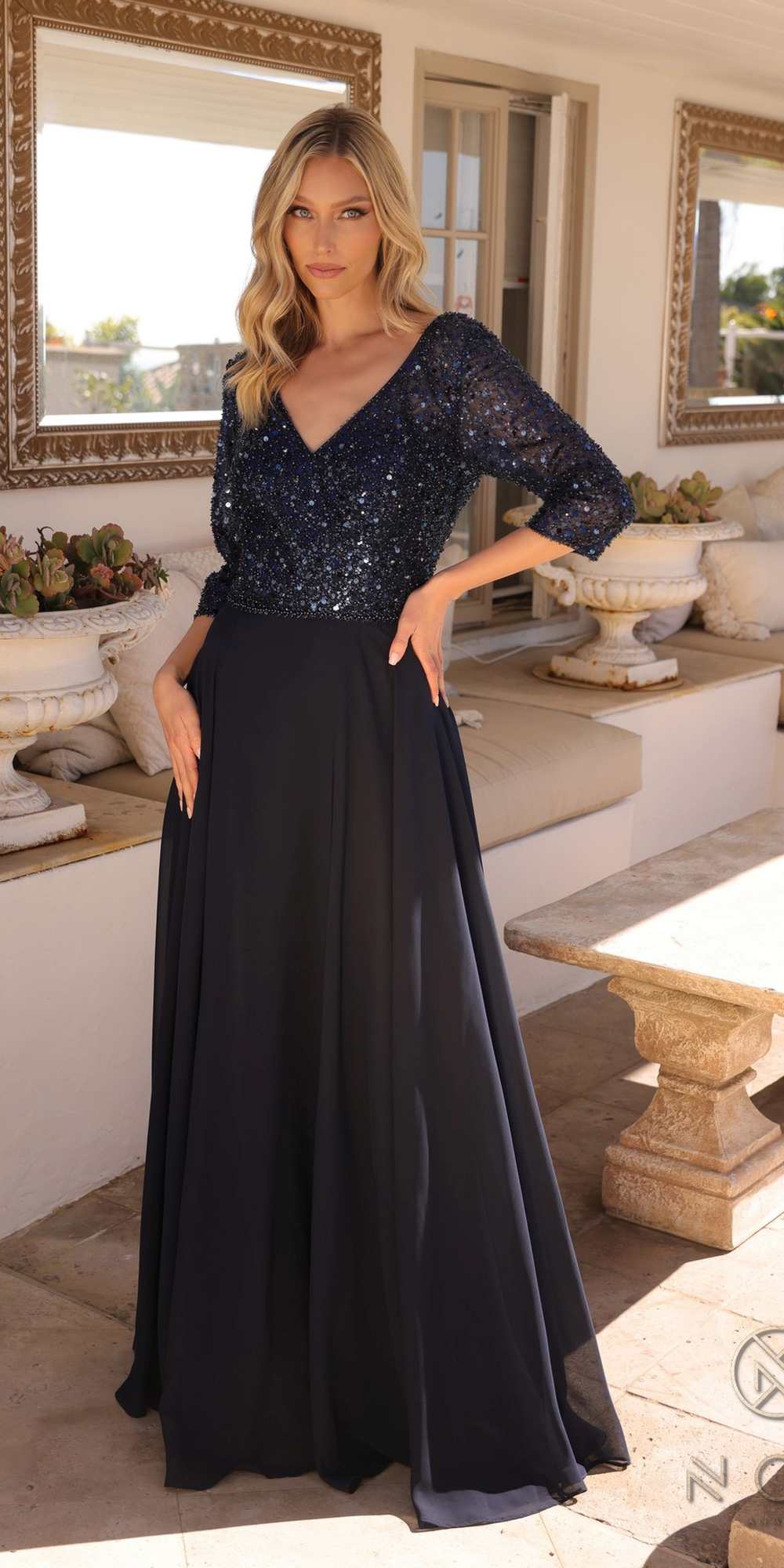 Sequin bodice A-line gown with V-neck, 3/4 sleeves, dark navy full-length skirt