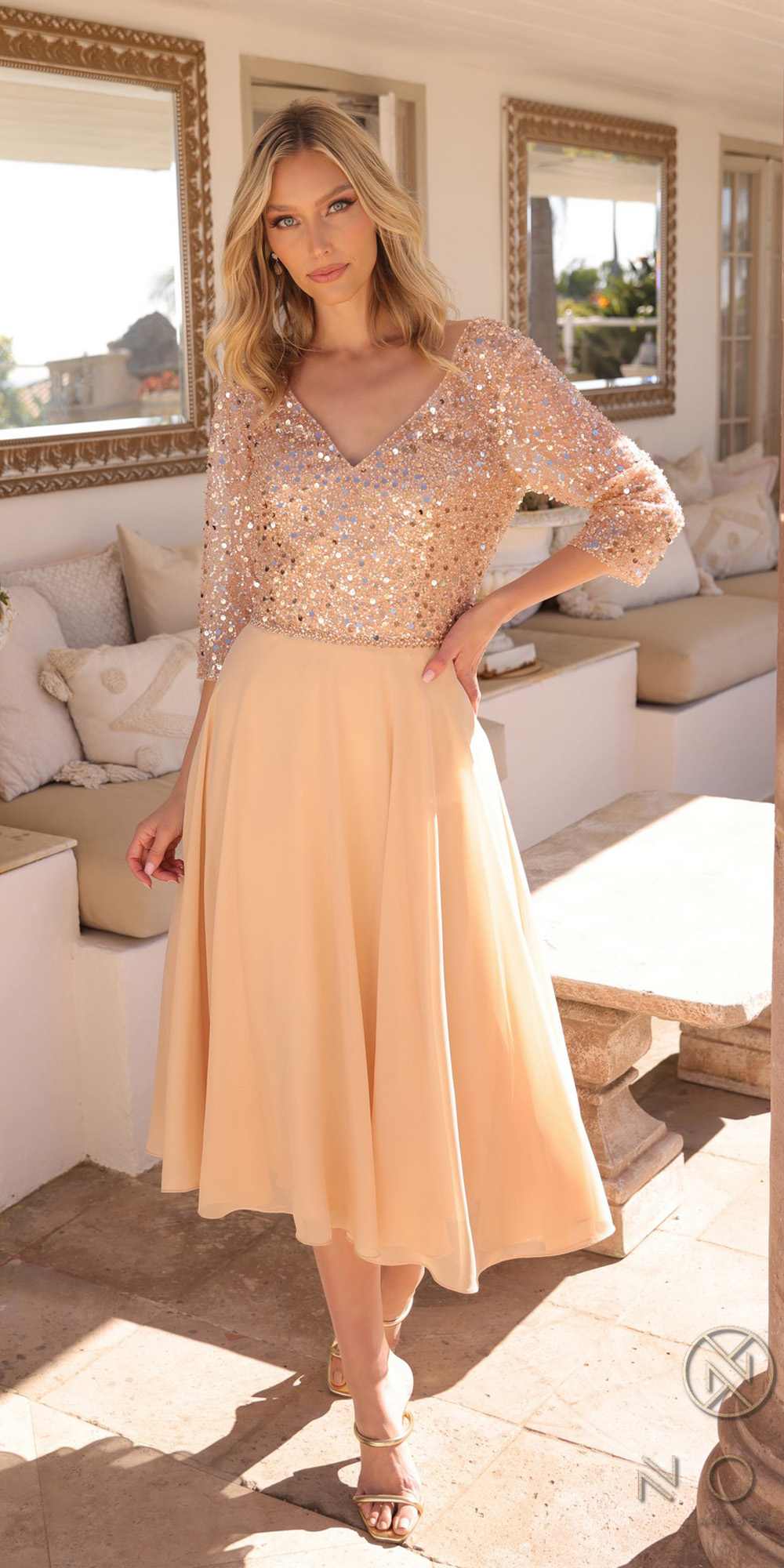 Tea-length sequin bodice dress with three-quarter sleeves, pale peach skirt