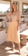 Tea-length sequin bodice dress with three-quarter sleeves, pale peach skirt