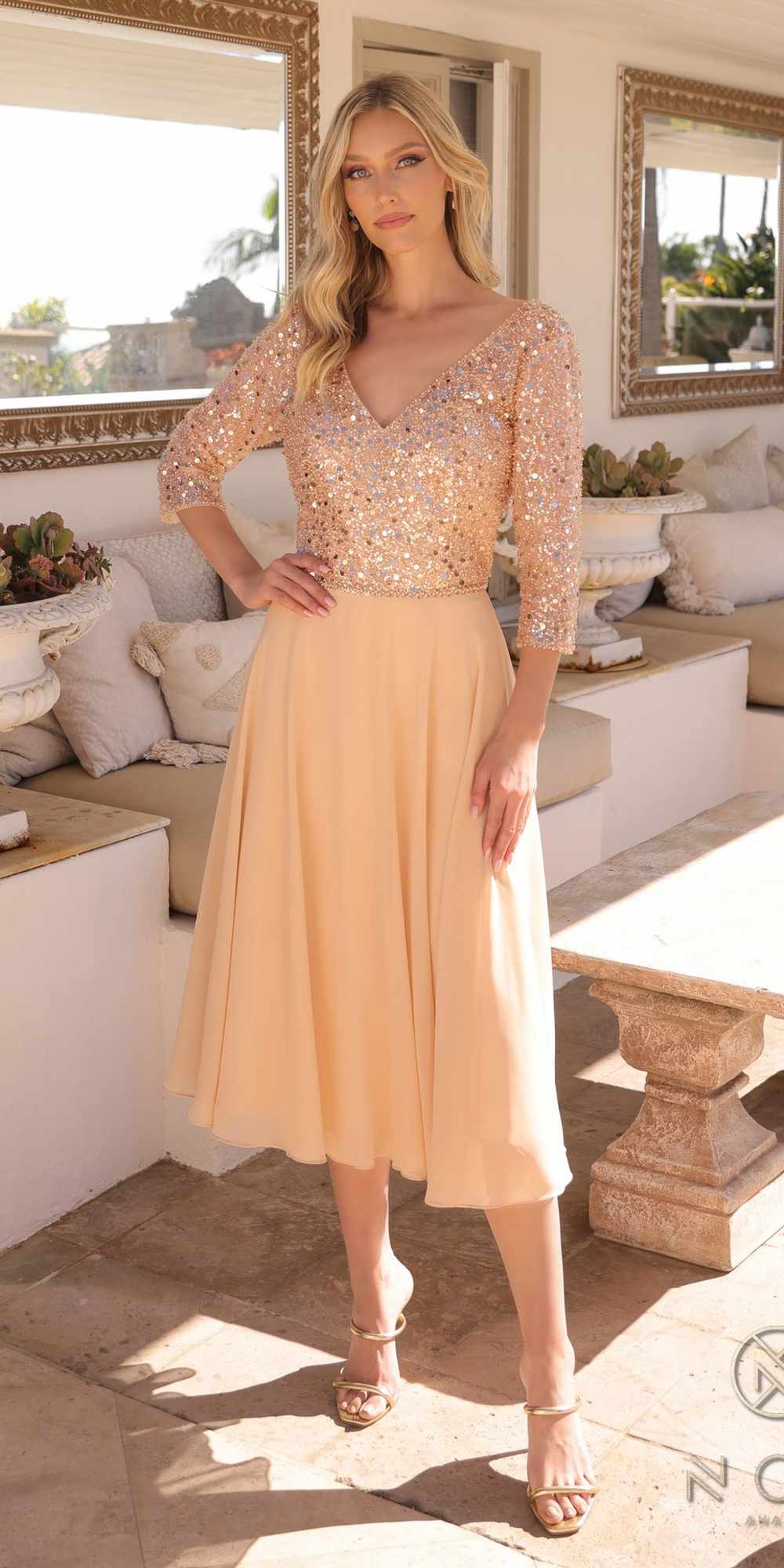 Tea-length sequin bodice dress with three-quarter sleeves, pale peach skirt