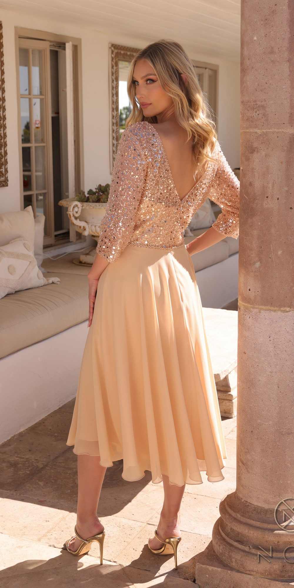 Tea-length sequin bodice dress with three-quarter sleeves, pale peach skirt
