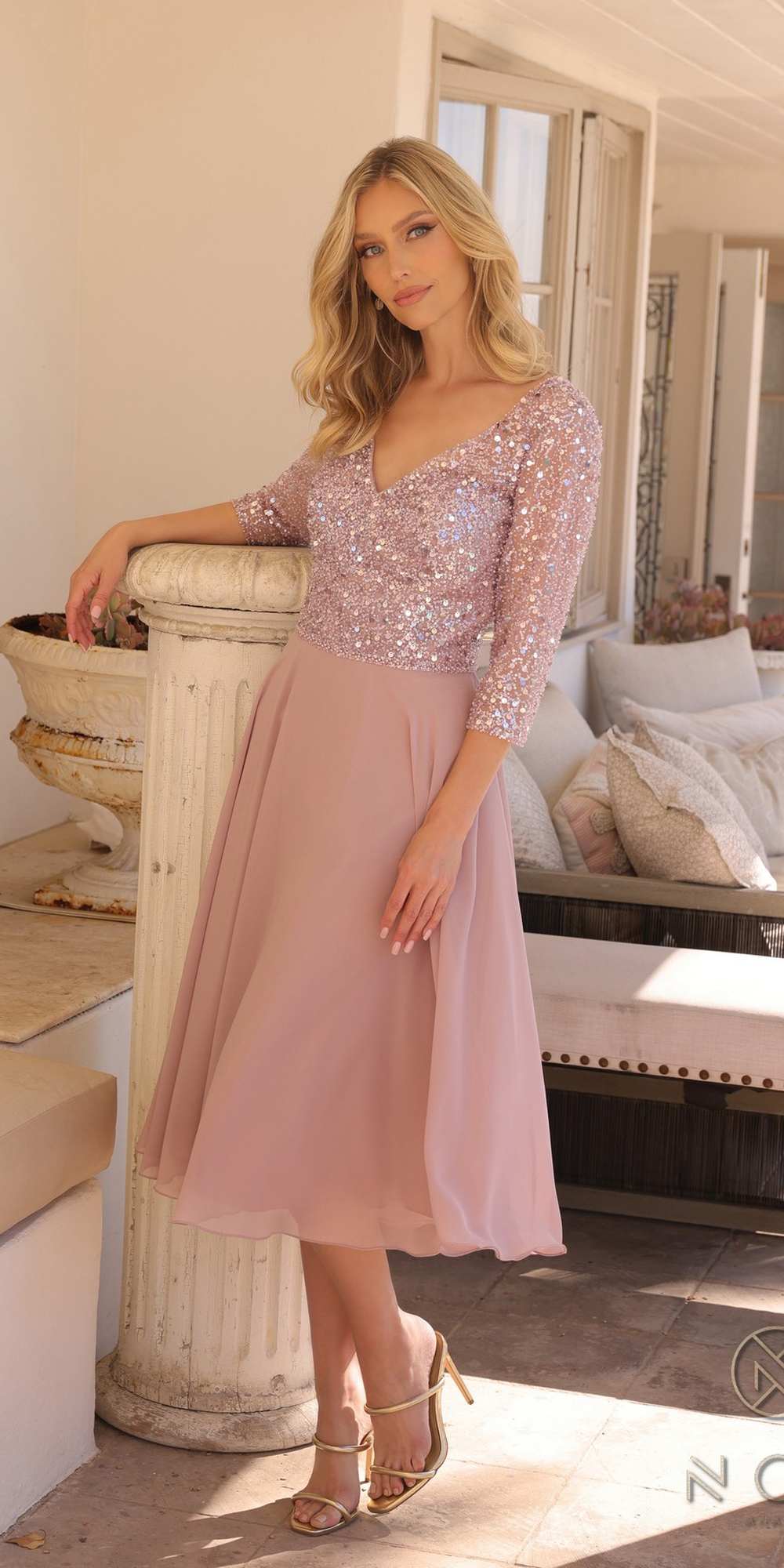Pale mauve sequin bodice tea-length dress with V neck and 3/4 sleeves