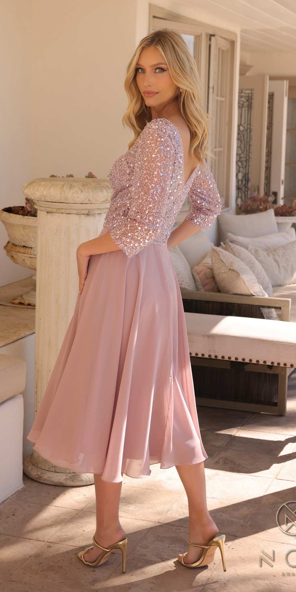 Pale mauve sequin bodice tea-length dress with V neckline and 3/4 sleeves