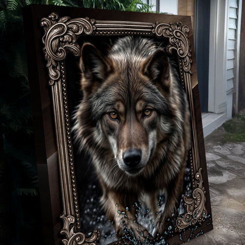 Framed 3D wolf wall art with an ornate dark gold border, featuring a gray-brown wolf face