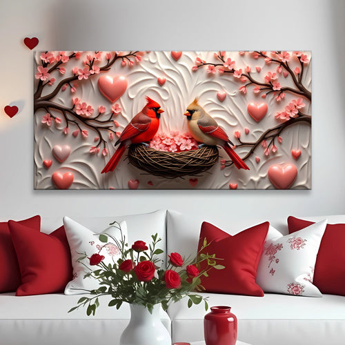 Cardinals wall art canvas panel featuring red and gray birds in a nest with heart accents