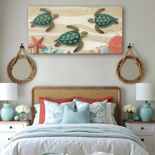 Coastal wall art canvas featuring teal sea turtles, starfish, and shell details in relief