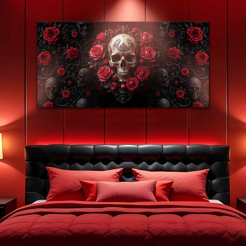 Skull and rose wall art canvas with dark floral background and white skull centerpiece