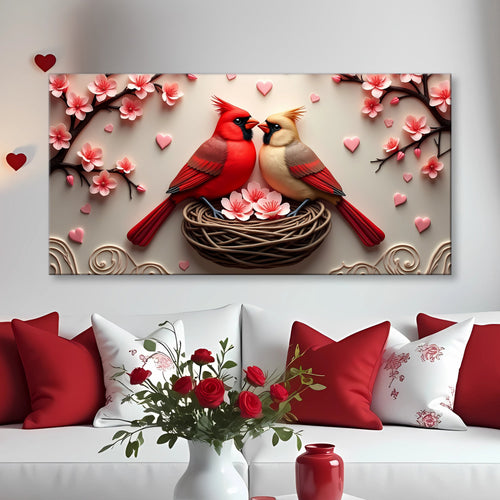 3D cardinal wall art with two red birds perched in a nest with pink blossoms