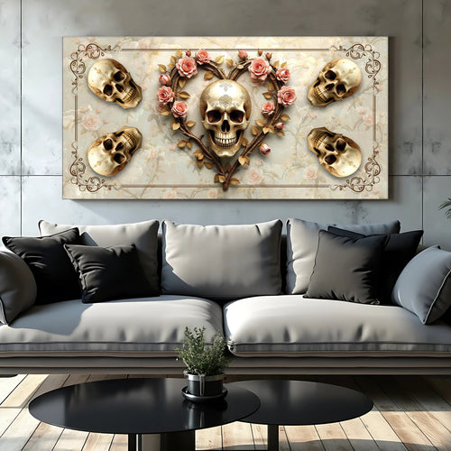 Landscape canvas wall art of vintage gold skulls with pink roses in ornate frame