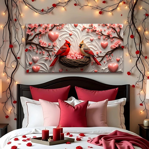 Cardinals wall art canvas panel with red cardinals, gray bird, nest, pink blossoms and hearts