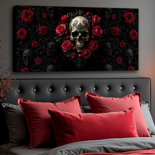 Skull and rose wall art canvas with centered white skull and red roses on dark vines