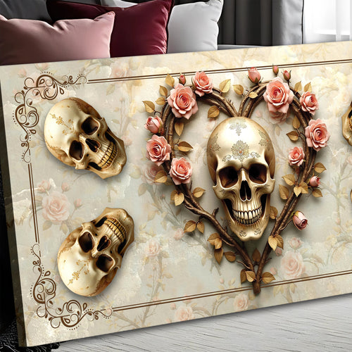 Landscape canvas wall art with gold skulls, pink roses, and decorative corner scrollwork