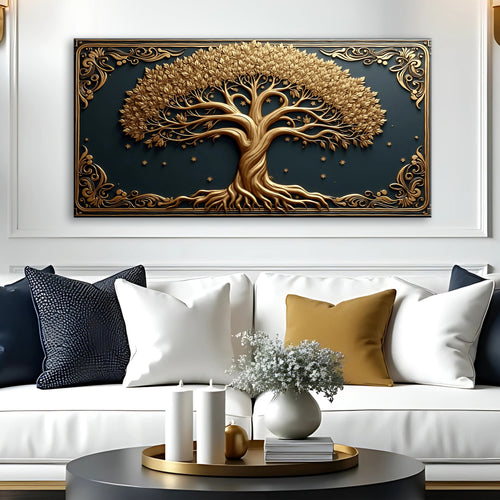 3D Celtic Tree of Life wall art, gold tree on dark blue panel