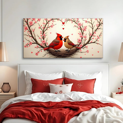3D Cardinals wall art canvas featuring two cardinals on a nest among pink flowering branches