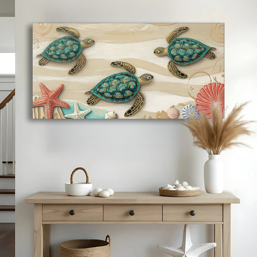 Coastal wall art canvas with teal sea turtles, starfish, and seashells on sandy waves