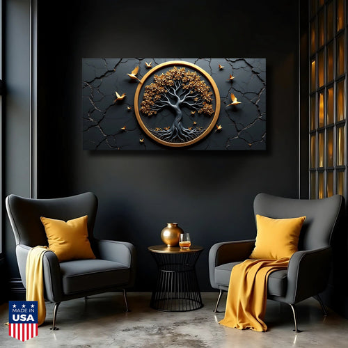 Tree of life wall art with oval gold frame, birds, and dark cracked backdrop