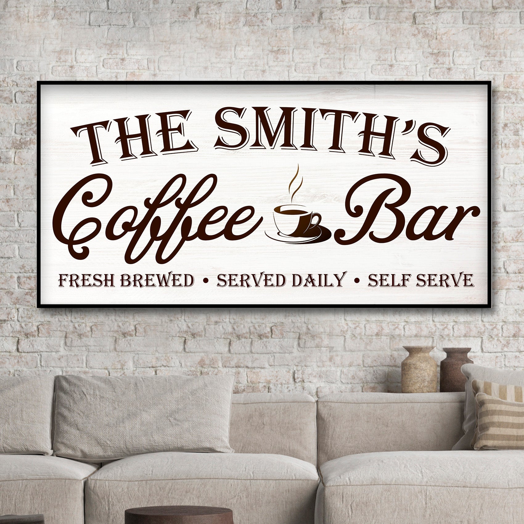 Coffee bar sign with black frame and white background, “The Smith’s Coffee Bar” print