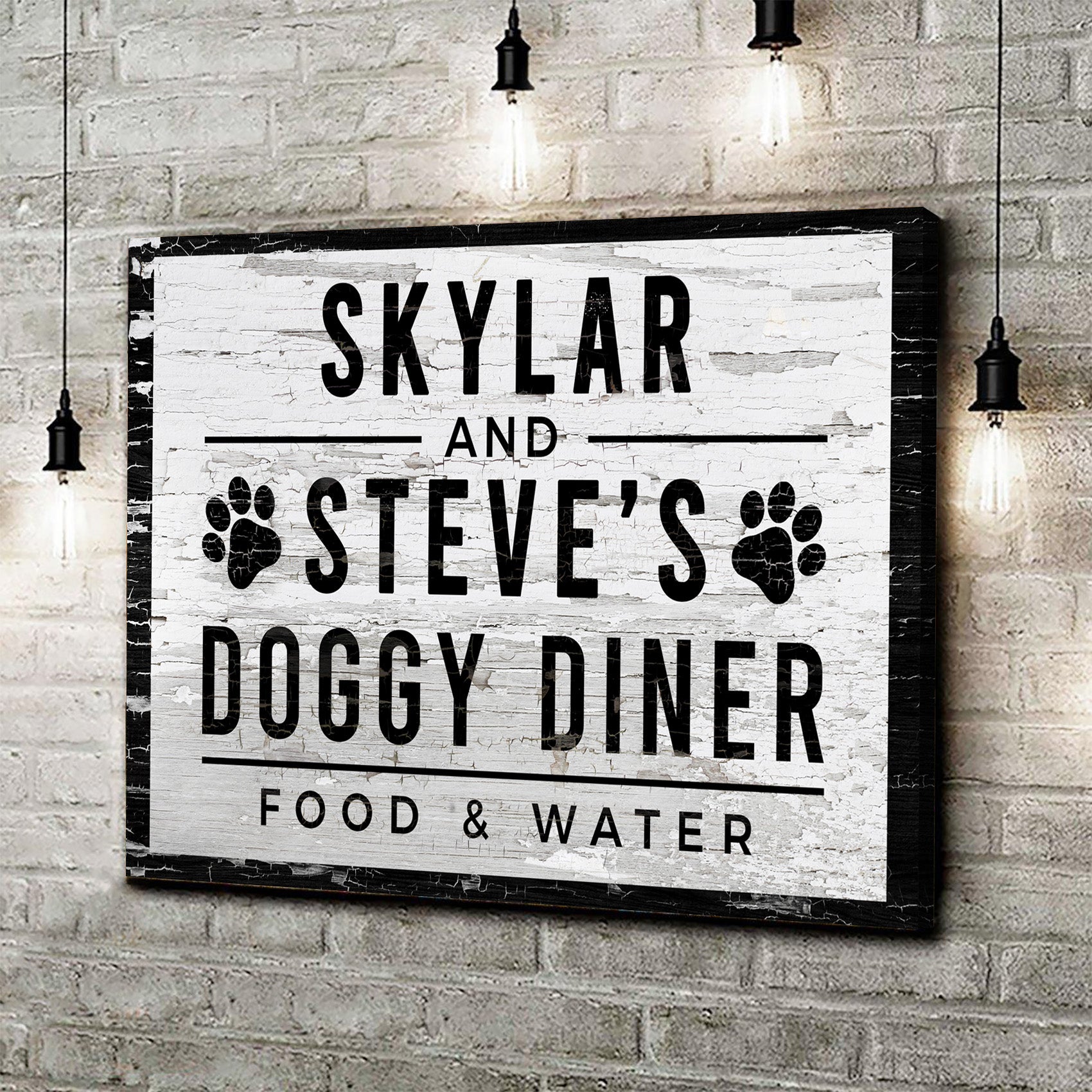 Doggy Diner wall sign with paw-print text: SKYLAR AND STEVE'S DOGGY DINER
