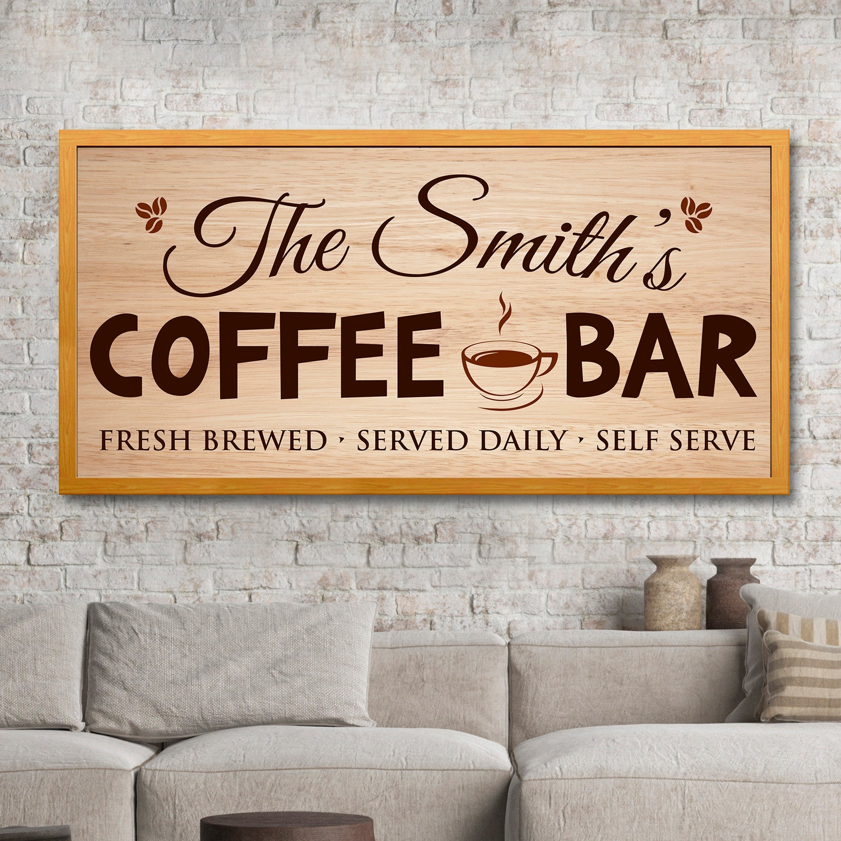 Coffee bar sign with orange frame and light background, “The Smith’s Coffee Bar” text