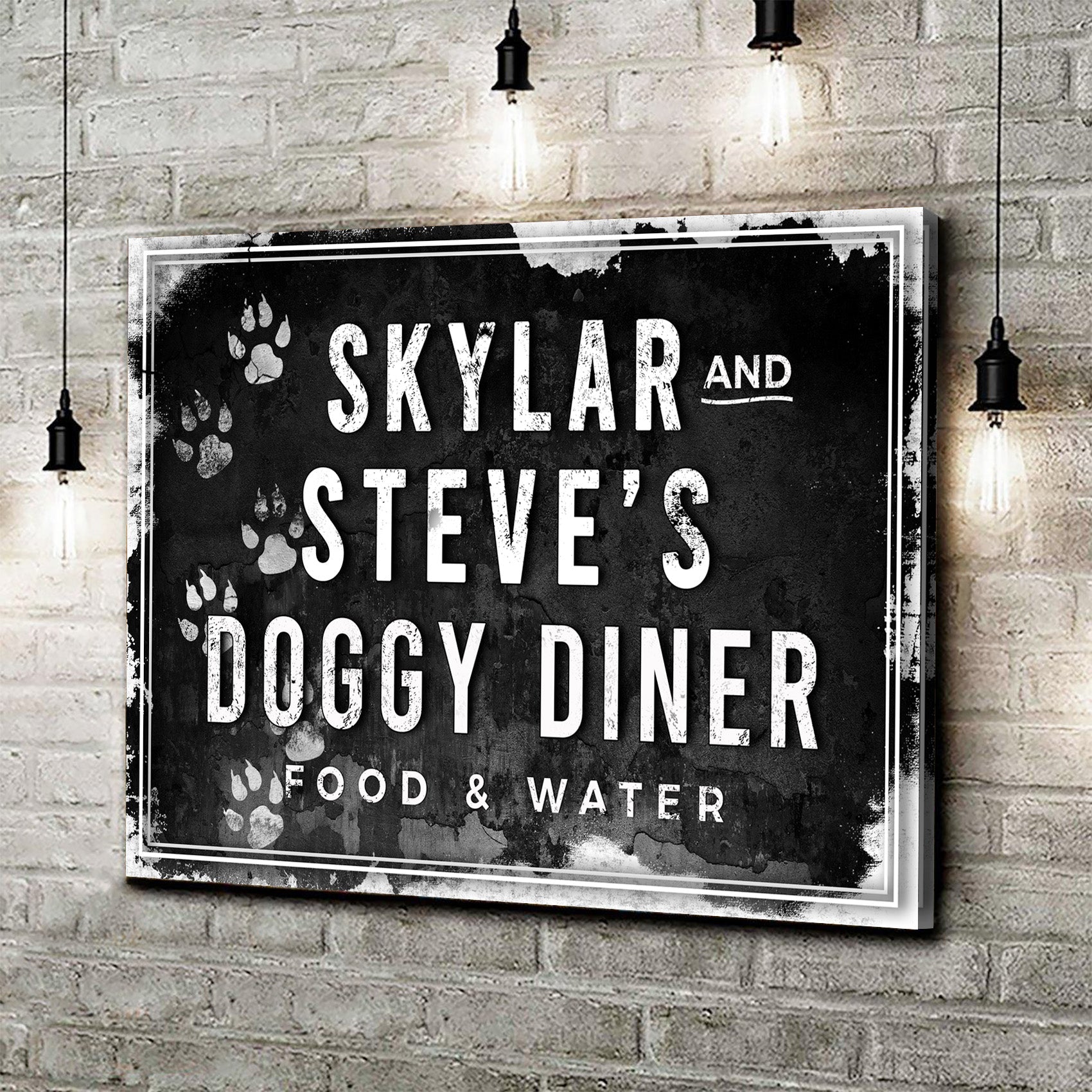 Framed Doggy Diner wall sign with paw-print backdrop and text: SKYLAR AND STEVE'S